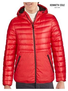 KENNETH COLE NWT HOODED MIDWEIGHT QUILTED ZIP RED JACKET. SIZE L